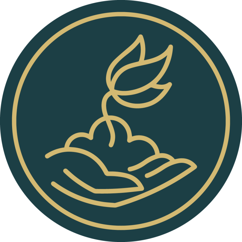 Logo in green and gold depicting a hand nurturing a plant