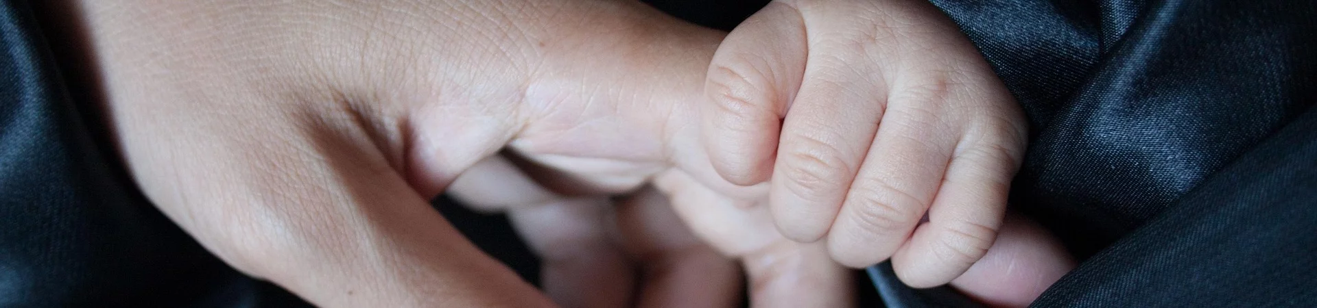 Baby holding the hand of a parent.